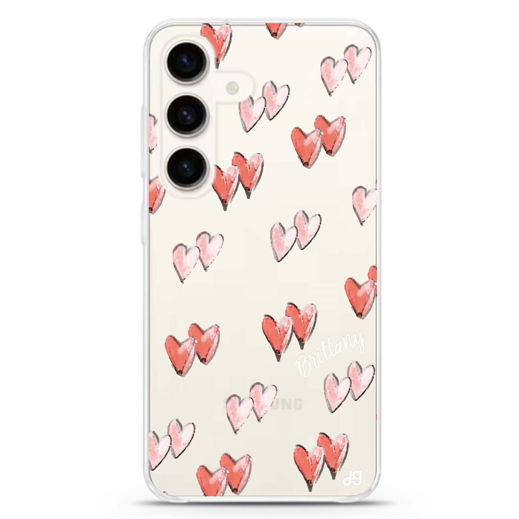 Double Heart Samsung Galaxy S26/S25/S24 可加名字水晶透明保護殼正面展示