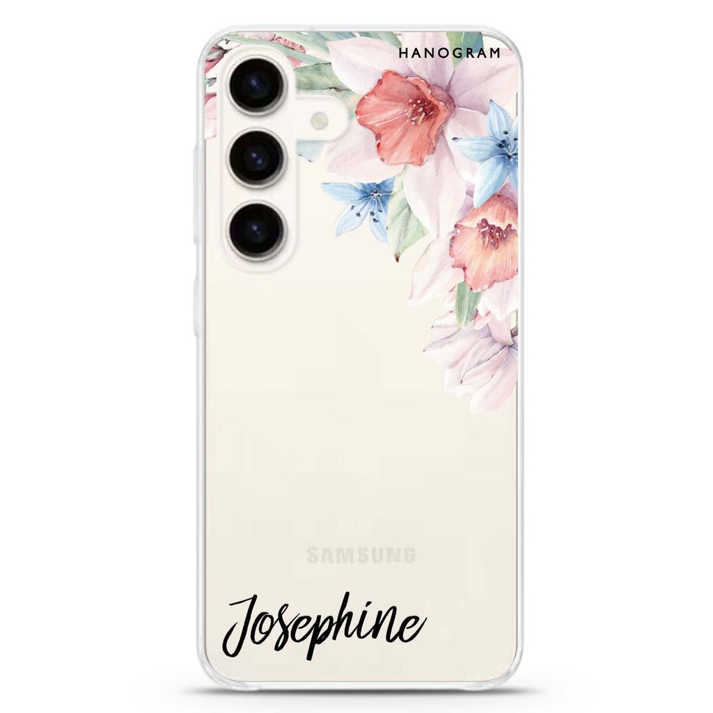 Glamour Floral Samsung Galaxy S26/S25/S24 可加名字水晶透明保護殼正面展示