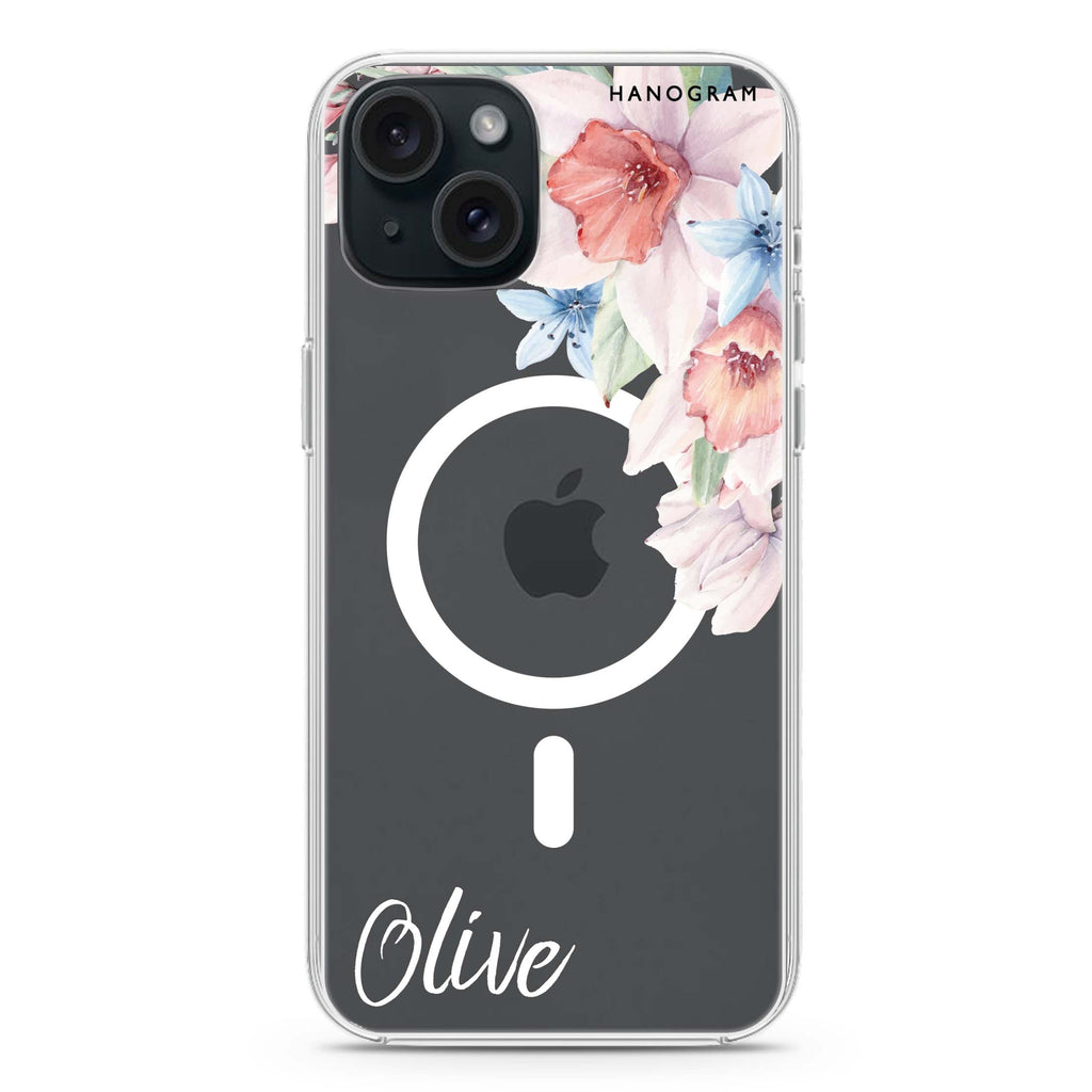 Glamour Floral iPhone 15 Plus Magsafe 兼容水晶透明保護殼