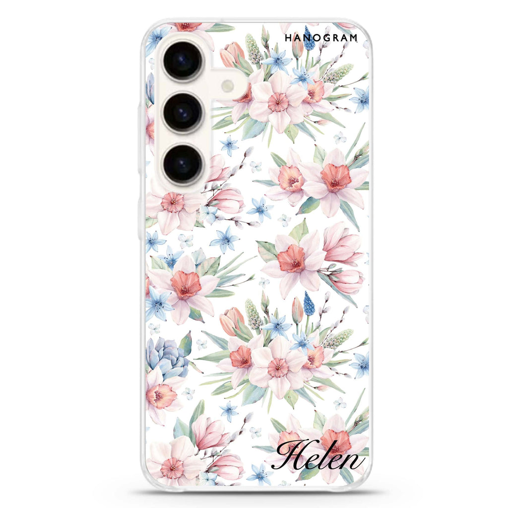 Glamour Floral World Samsung Galaxy S26/S25/S24 可加名字水晶透明保護殼正面展示