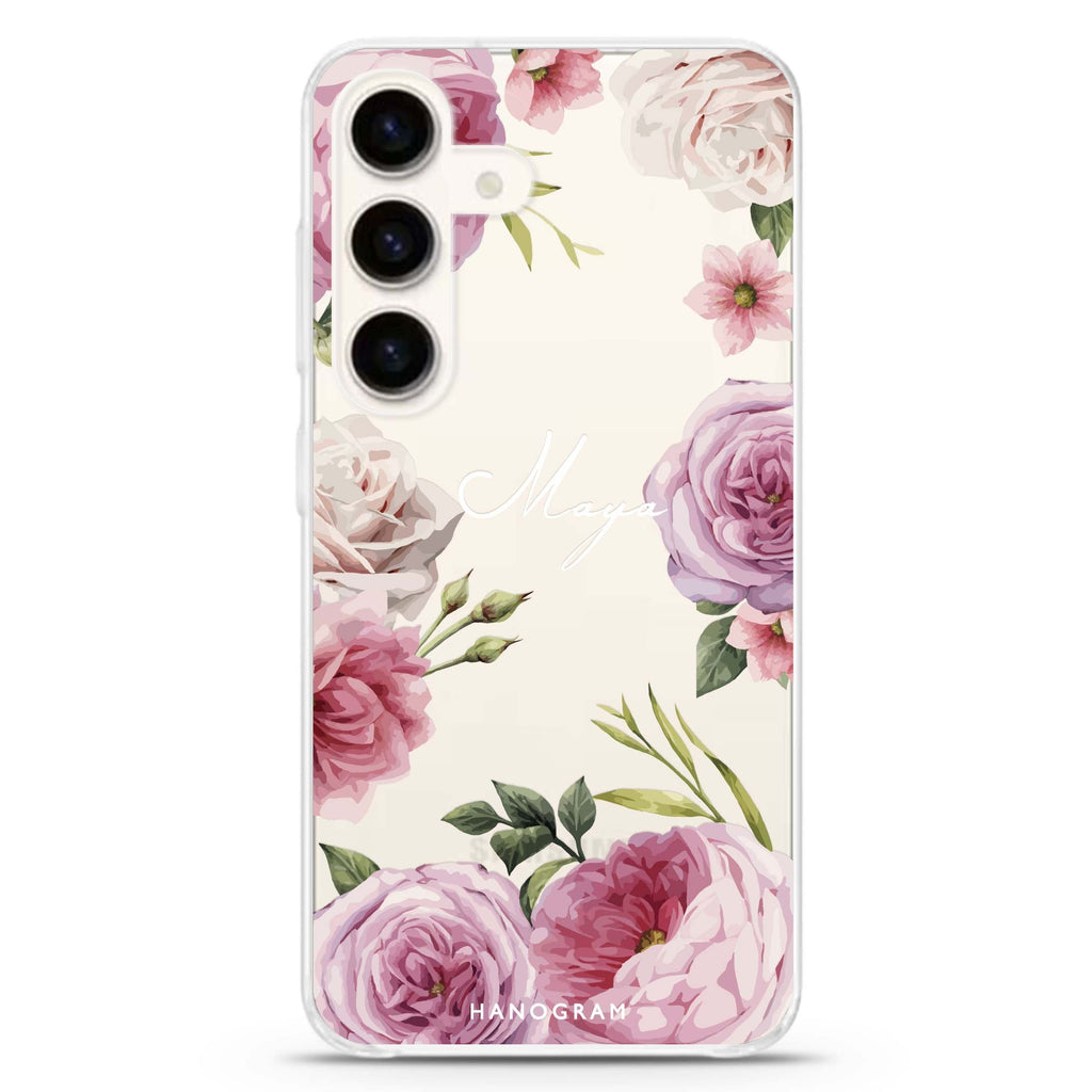 Beautiful Pretty Floral Samsung Galaxy S26/S25/S24 可加名字水晶透明保護殼正面展示