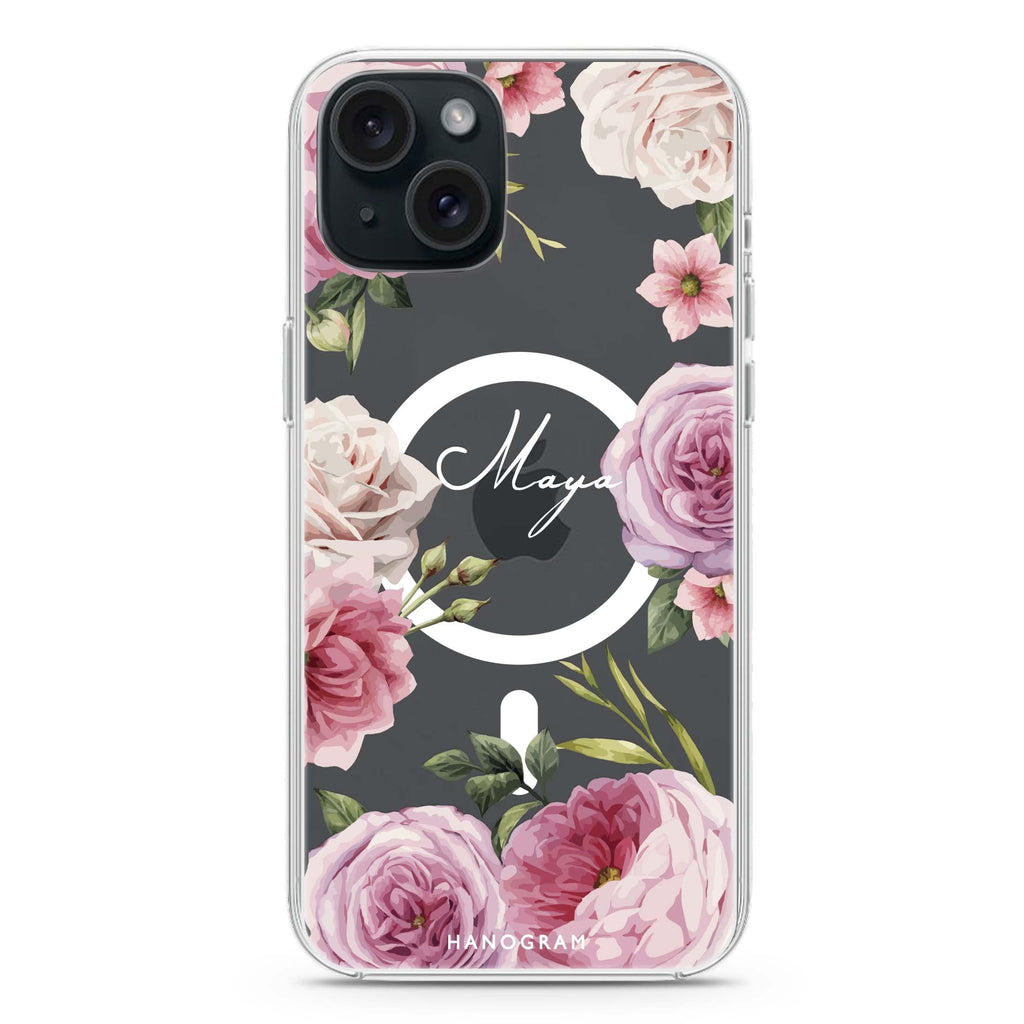 Beautiful Pretty Floral iPhone 15 Magsafe 兼容水晶透明保護殼