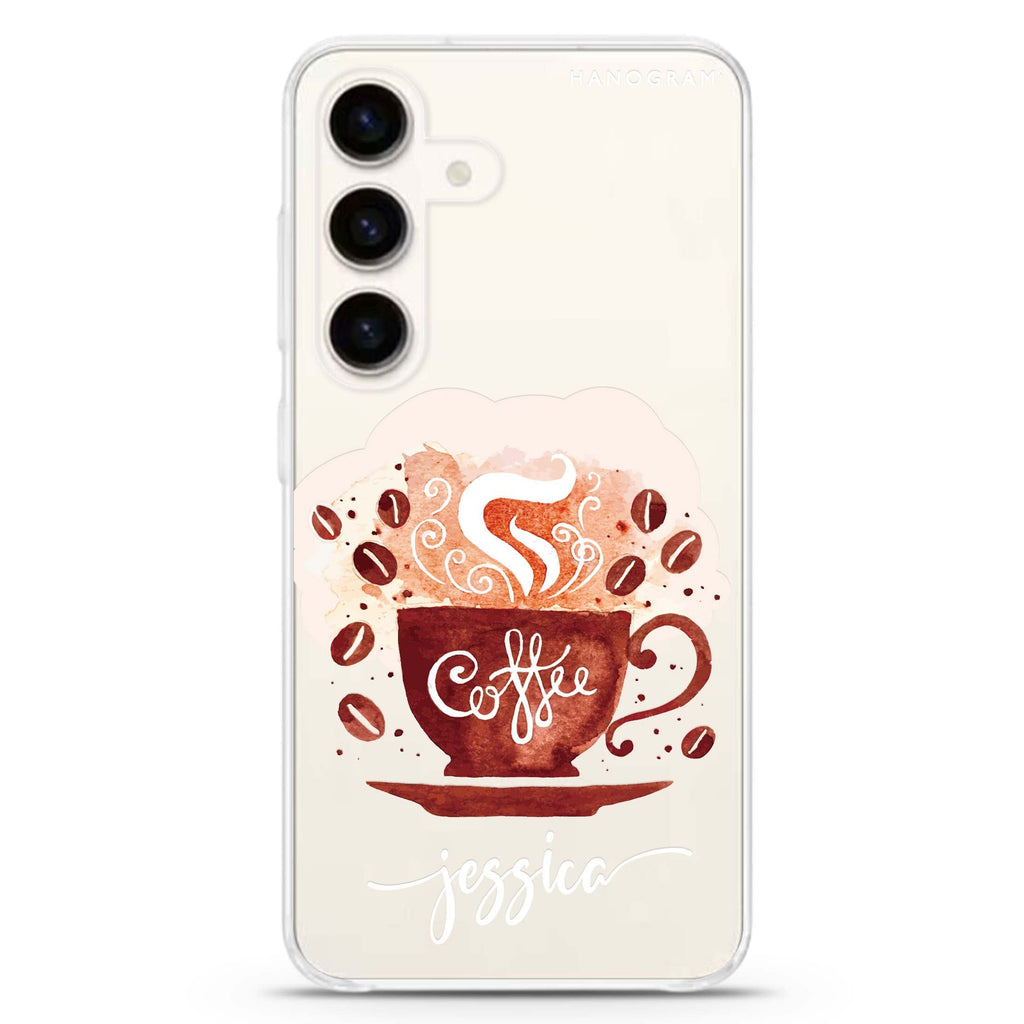 Fragrant coffee Samsung Galaxy S26/S25/S24 可加名字水晶透明保護殼正面展示