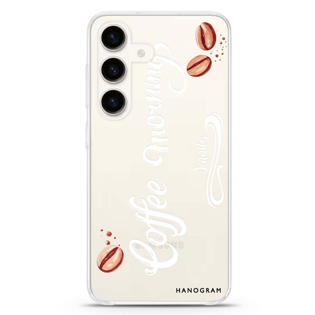 Coffee & Me Samsung Galaxy S26/S25/S24 可加名字水晶透明保護殼正面展示
