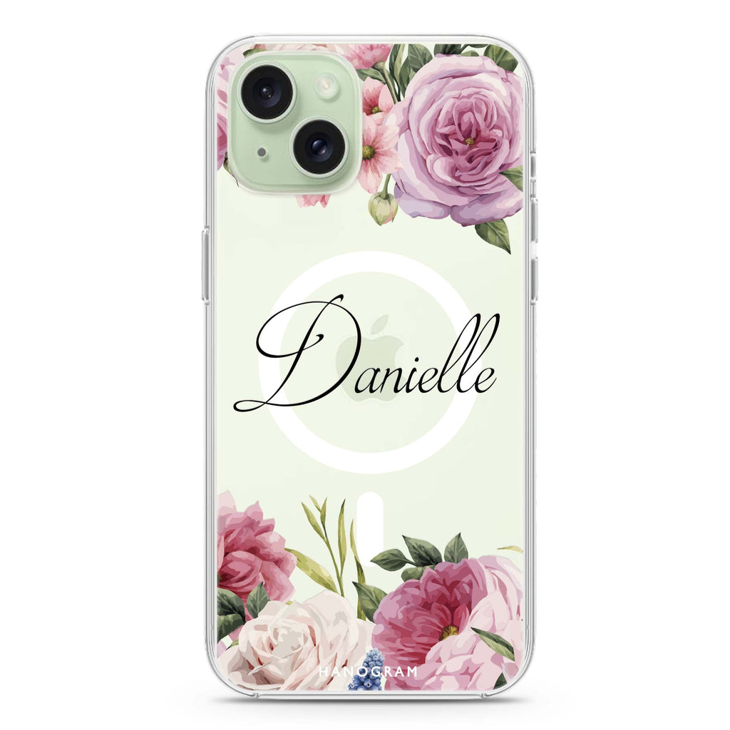 Light Pink Floral iPhone 15 Plus Magsafe 兼容水晶透明保護殼