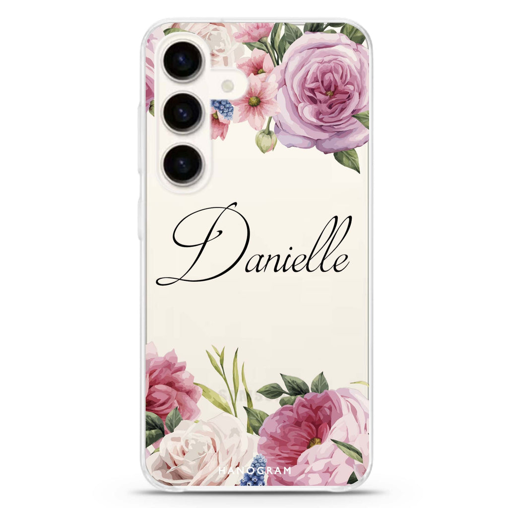 Light Pink Floral Samsung Galaxy S26/S25/S24 可加名字水晶透明保護殼正面展示