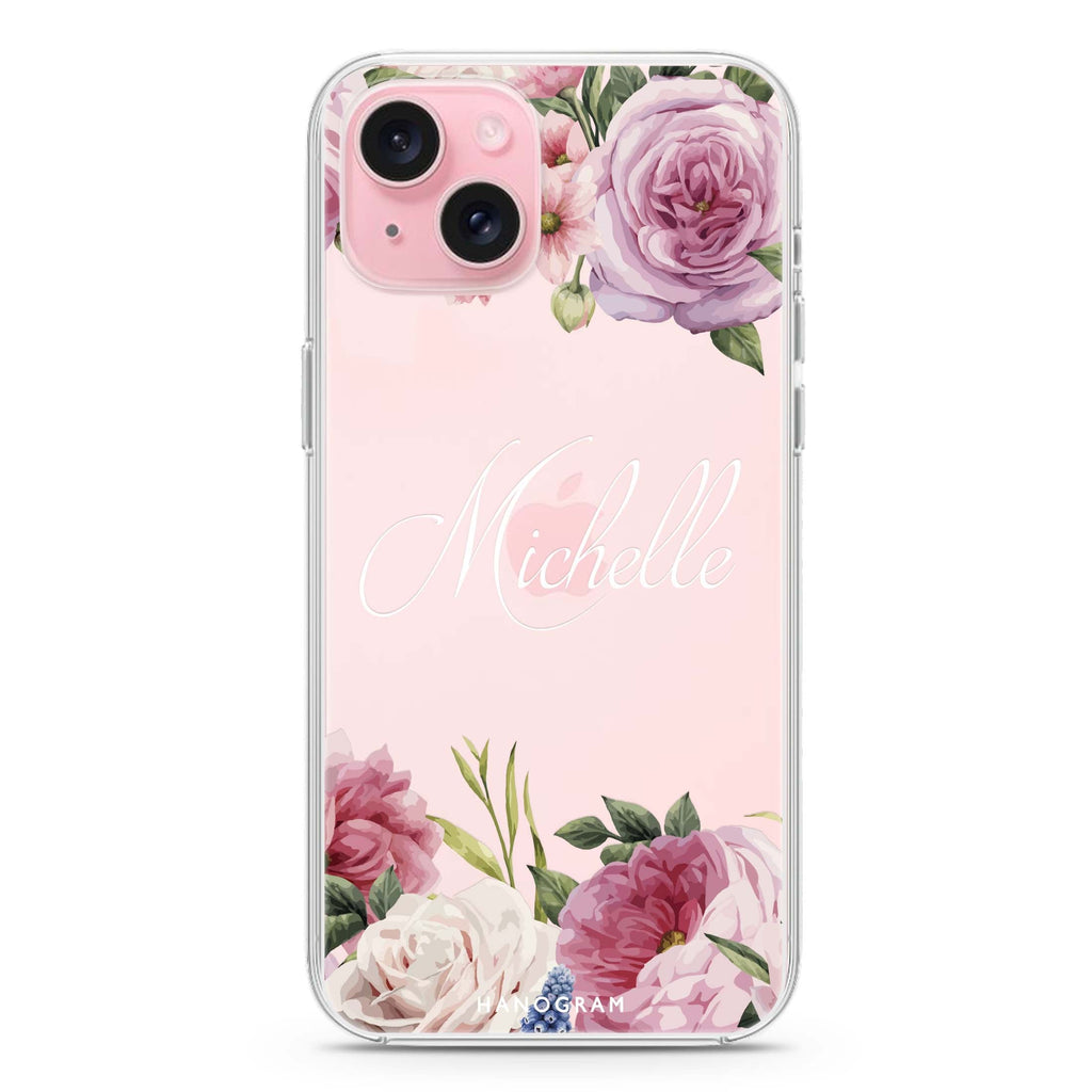 Light Pink Floral iPhone 15 plus 水晶透明保護殼