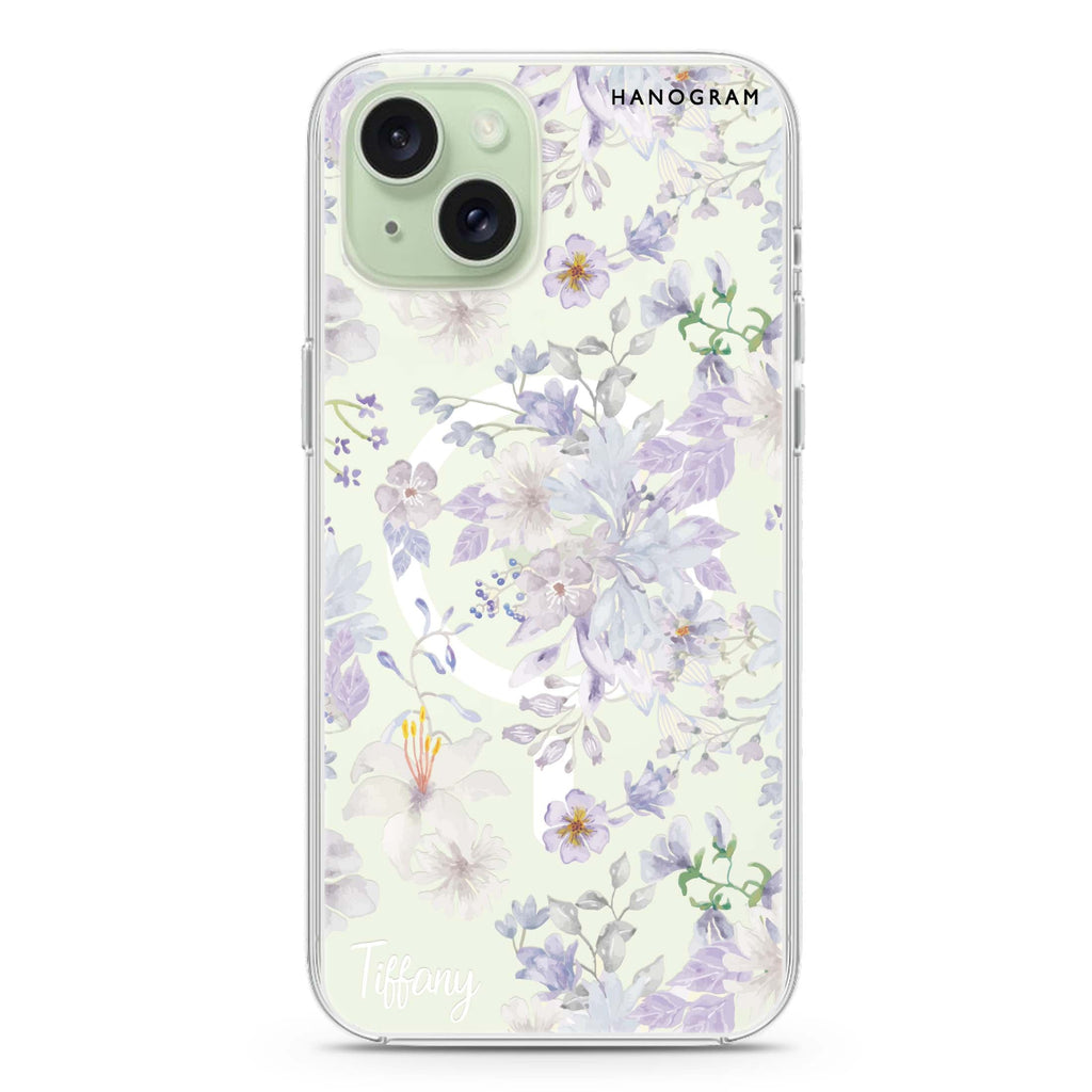 Serene Flowers Pattern iPhone 15 Plus Magsafe 兼容水晶透明保護殼