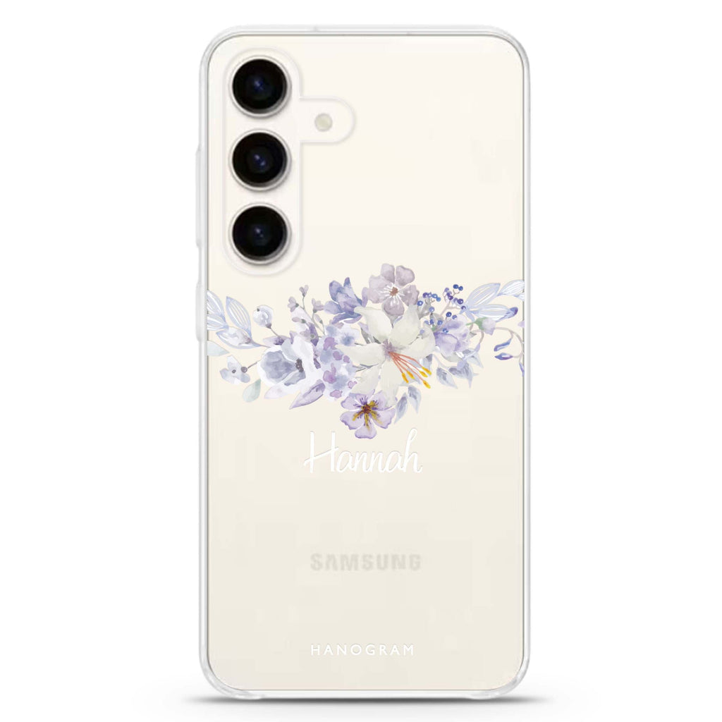 Serene Flowers & Me Samsung Galaxy S26/S25/S24 可加名字水晶透明保護殼正面展示