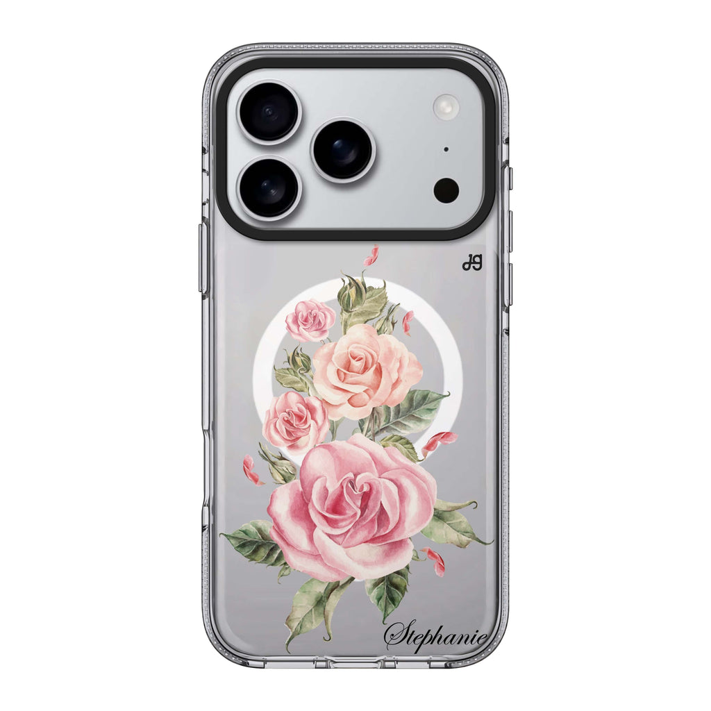 Pink Watercolor Floral iPhone 17 Pro Max MagSafe 水晶透明保護殼 花卉圖案設計 可自訂名字 圖1