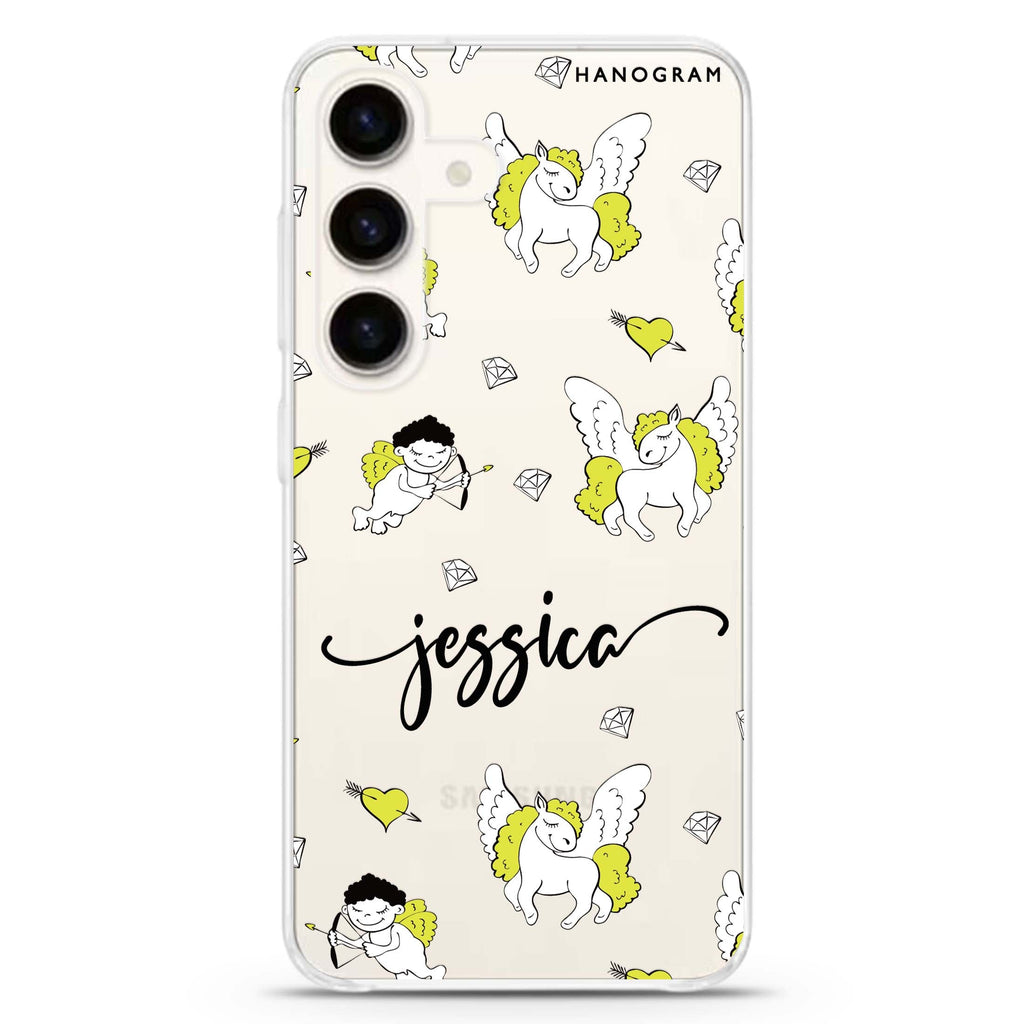 Angel & Unicorn Custom Samsung Galaxy S26/S25/S24 可加名字水晶透明保護殼正面展示