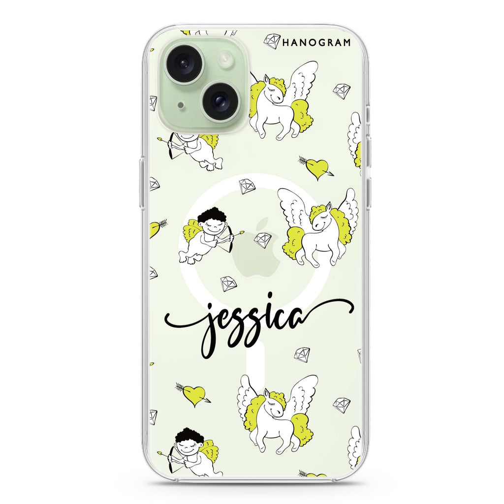 Angel & Unicorn Custom iPhone 15 Plus Magsafe 兼容水晶透明保護殼