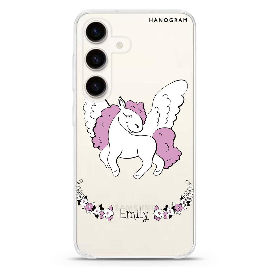 White Unicorn Samsung Galaxy S26/S25/S24 可加名字水晶透明保護殼正面展示
