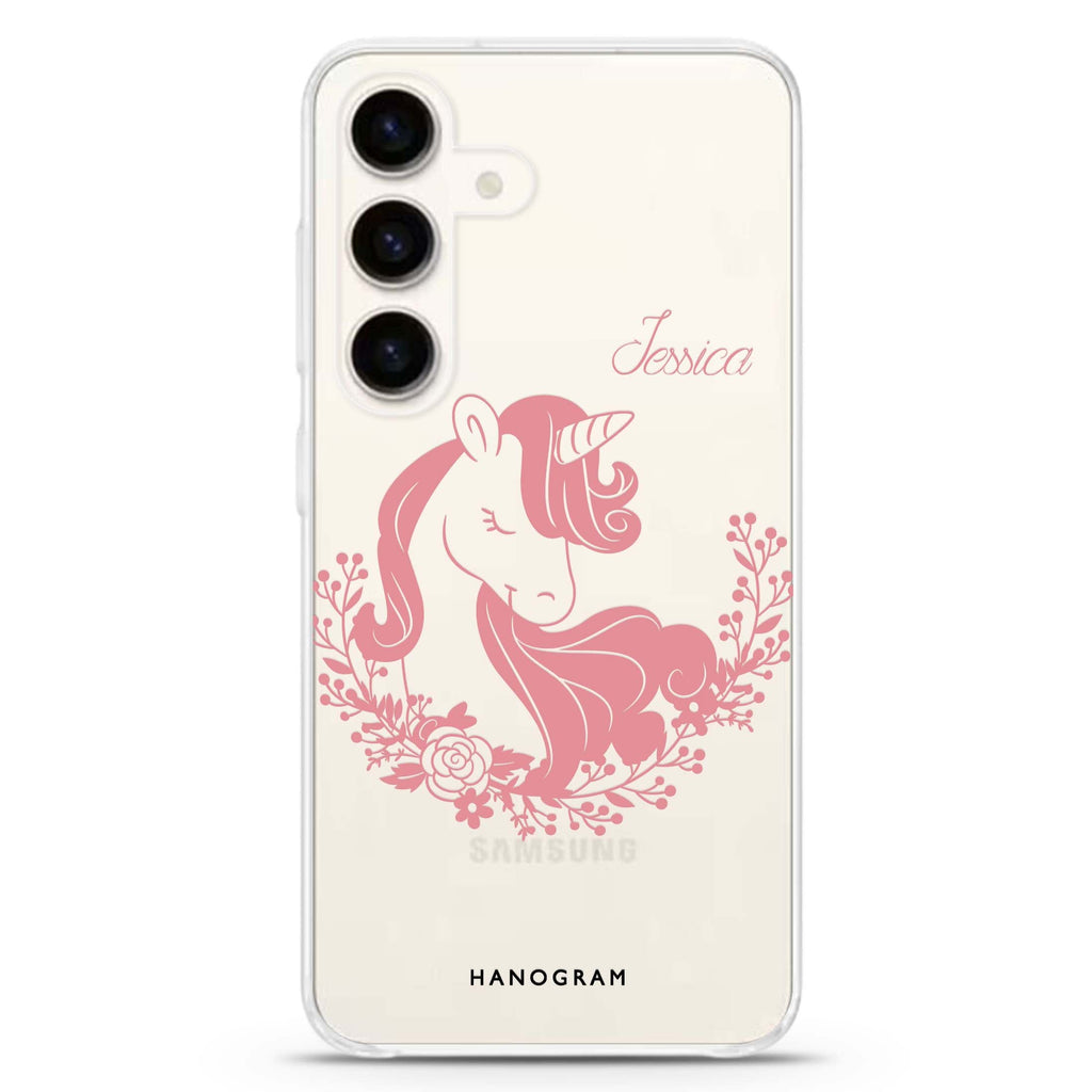 Silhouette Unicorn Samsung Galaxy S26/S25/S24 可加名字水晶透明保護殼正面展示