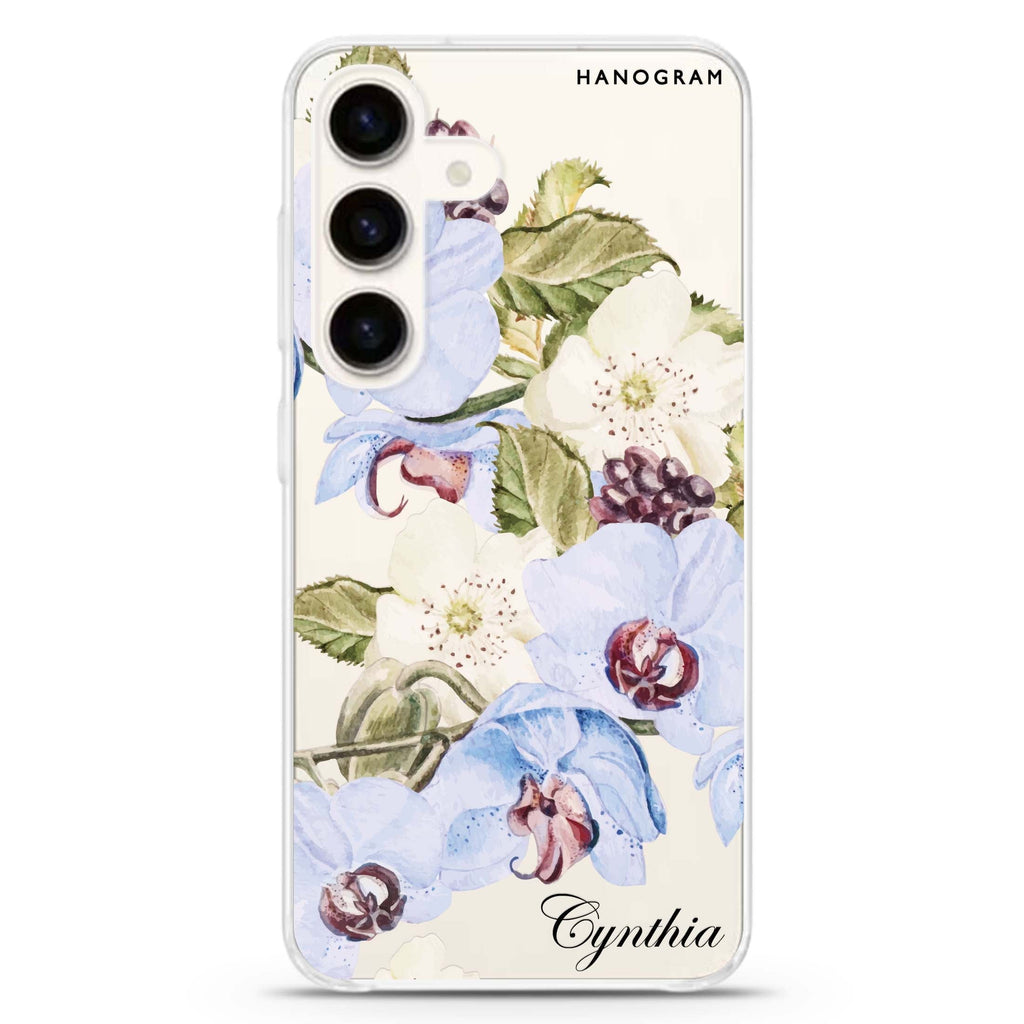 Light Blue Floral Samsung Galaxy S26/S25/S24 可加名字水晶透明保護殼正面展示