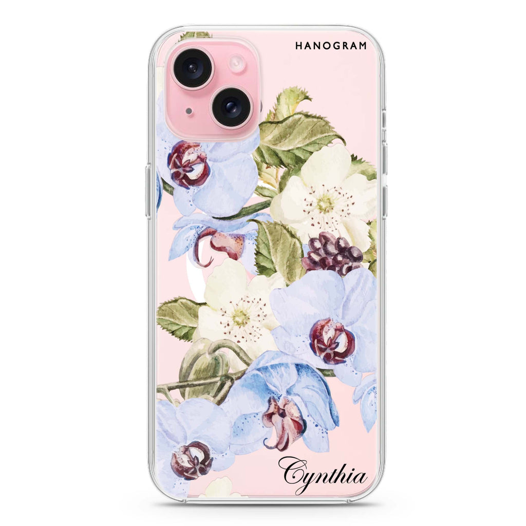 Light Blue Floral iPhone 15 Magsafe 兼容水晶透明保護殼