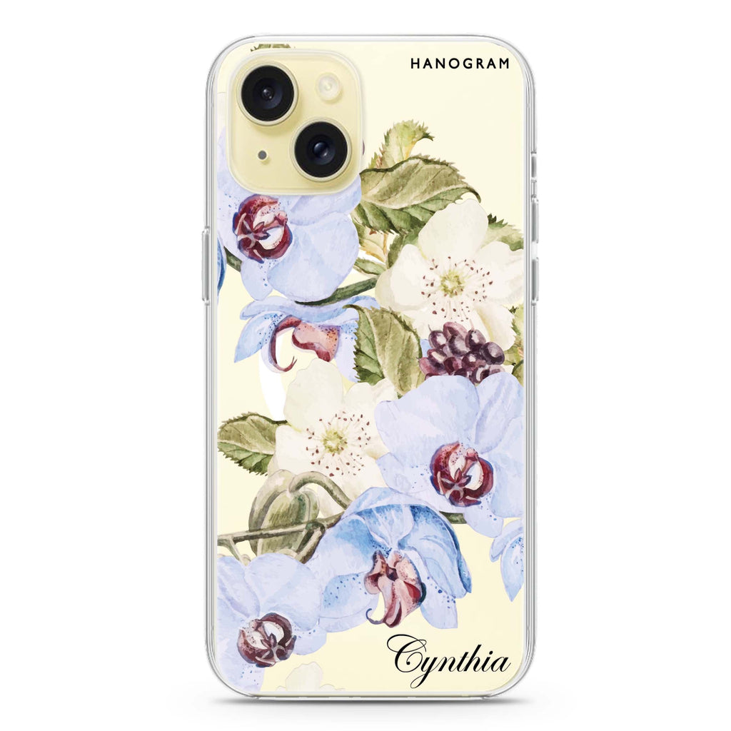 Light Blue Floral iPhone 15 Plus Magsafe 兼容水晶透明保護殼
