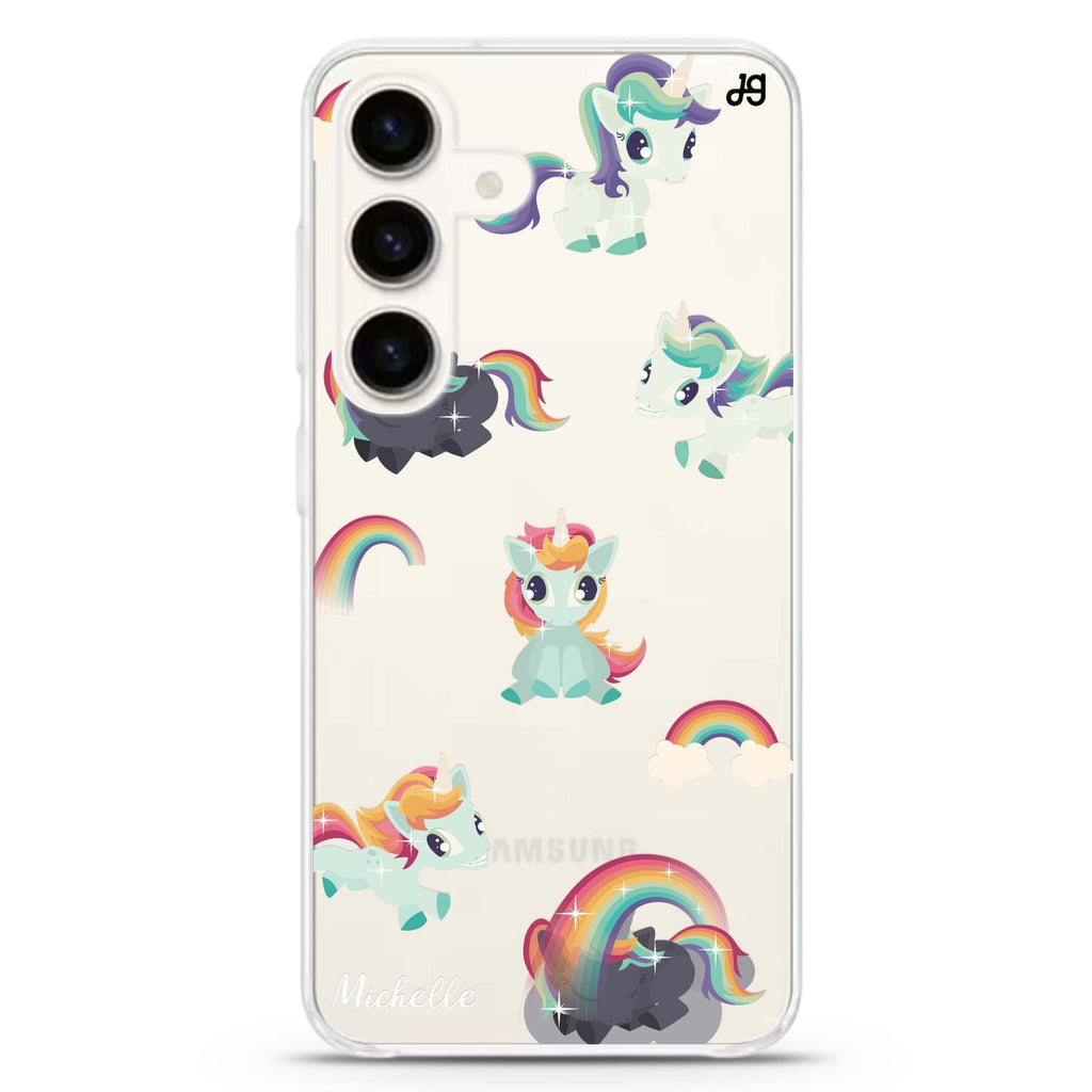 Unicorn & Rainbow Samsung Galaxy S26/S25/S24 可加名字水晶透明保護殼正面展示
