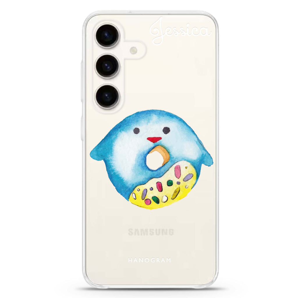 Sweet donut penguin Samsung Galaxy S26/S25/S24 可加名字水晶透明保護殼正面展示
