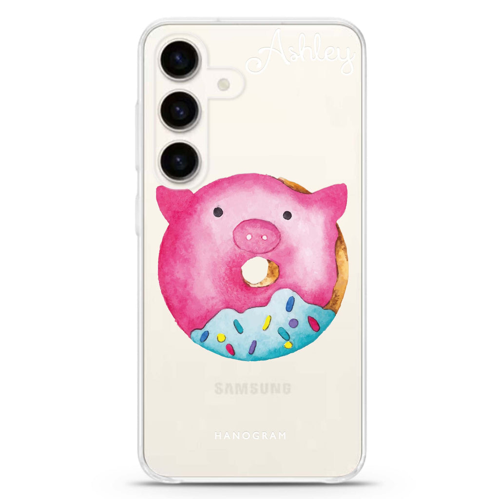 Sweet donut piggy Samsung Galaxy S26/S25/S24 可加名字水晶透明保護殼正面展示