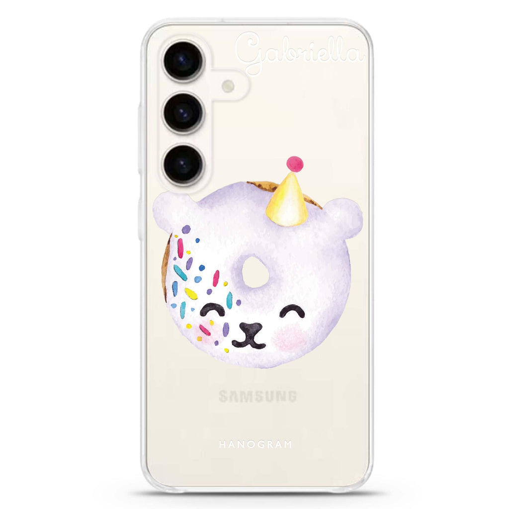 Sweet donut bear Samsung Galaxy S26/S25/S24 可加名字水晶透明保護殼正面展示