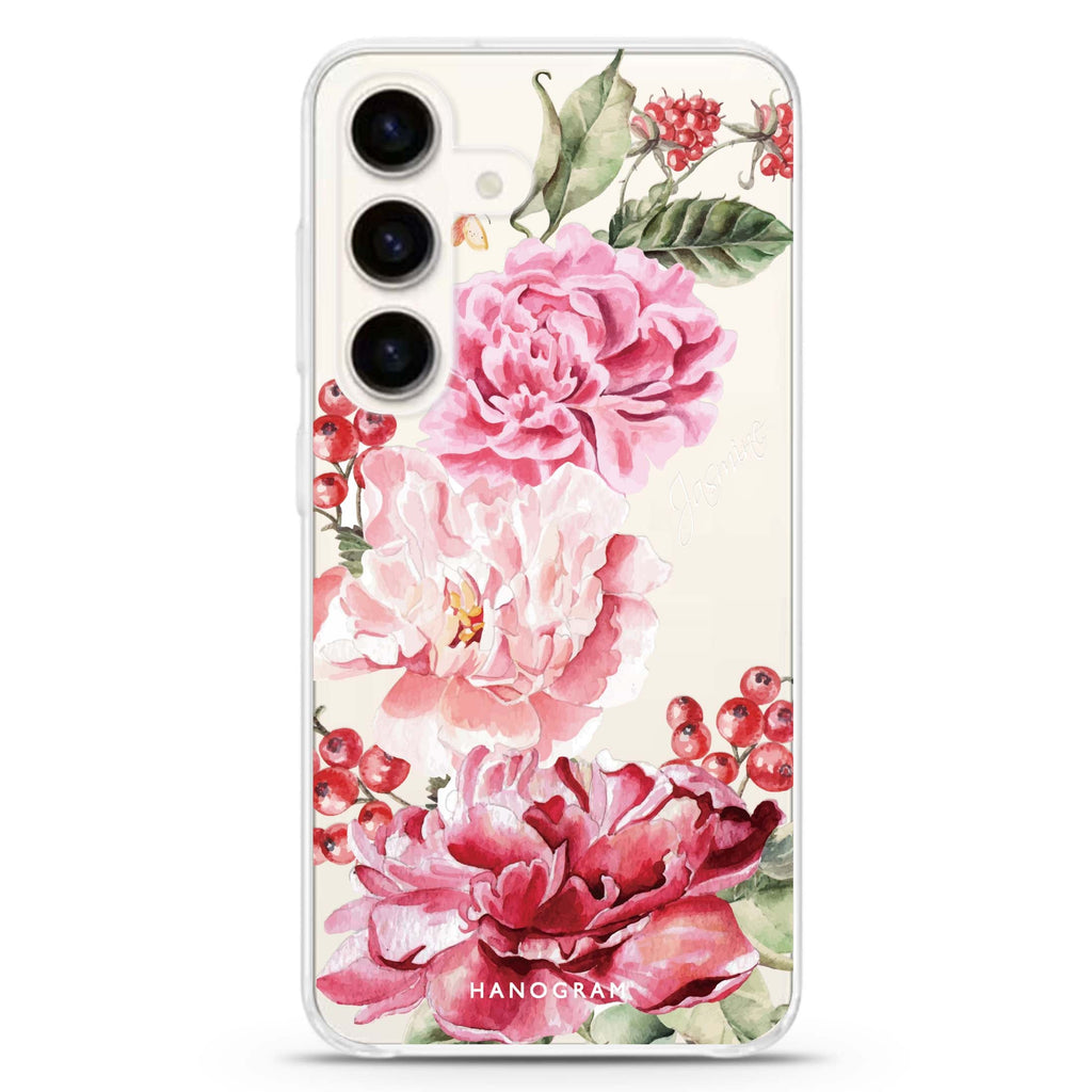 Pretty Watercolor Flowers Samsung Galaxy S26/S25/S24 可加名字水晶透明保護殼正面展示