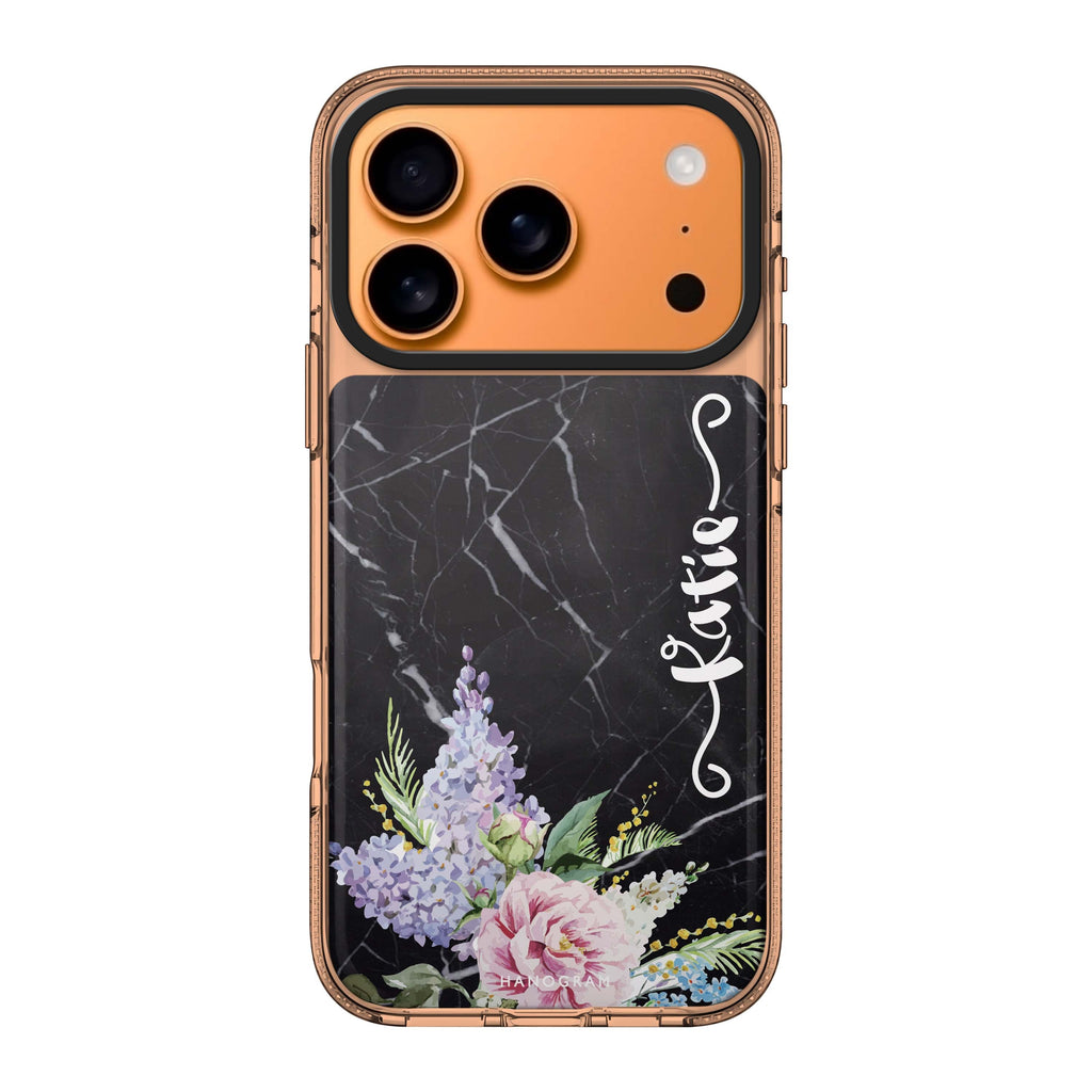 Floral & Black Marble iPhone 17 Pro Max MagSafe 水晶透明保護殼 花卉圖案設計 可自訂名字 圖1