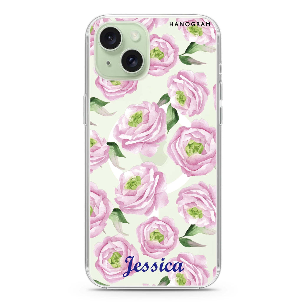 Watercolor pink floral iPhone 15 Plus Magsafe 兼容水晶透明保護殼