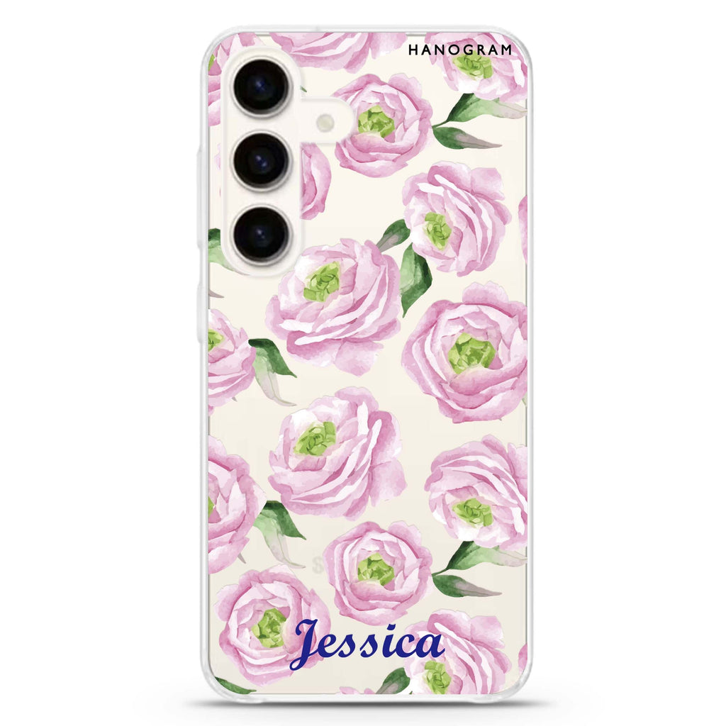 Watercolor pink floral Samsung Galaxy S26/S25/S24 可加名字水晶透明保護殼正面展示