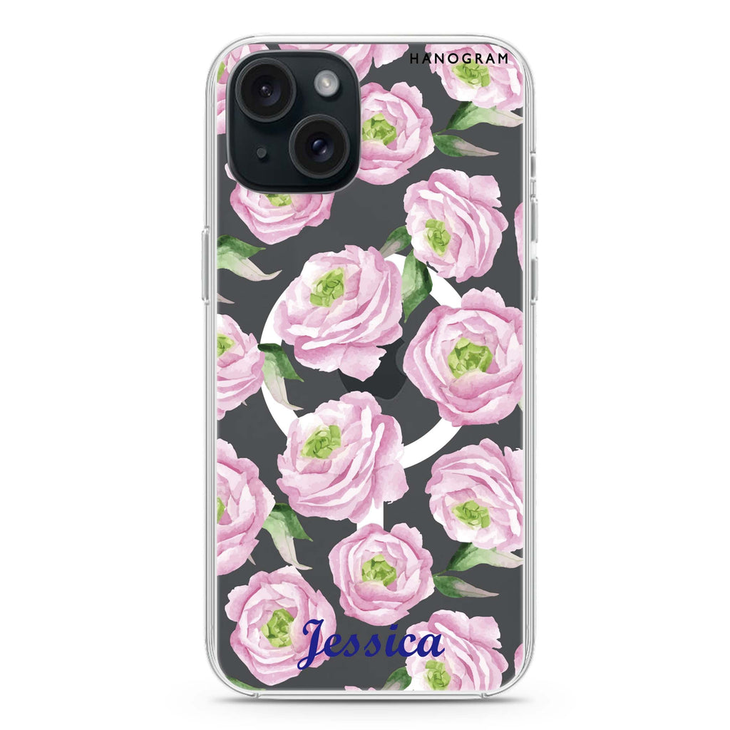 Watercolor pink floral iPhone 15 Magsafe 兼容水晶透明保護殼