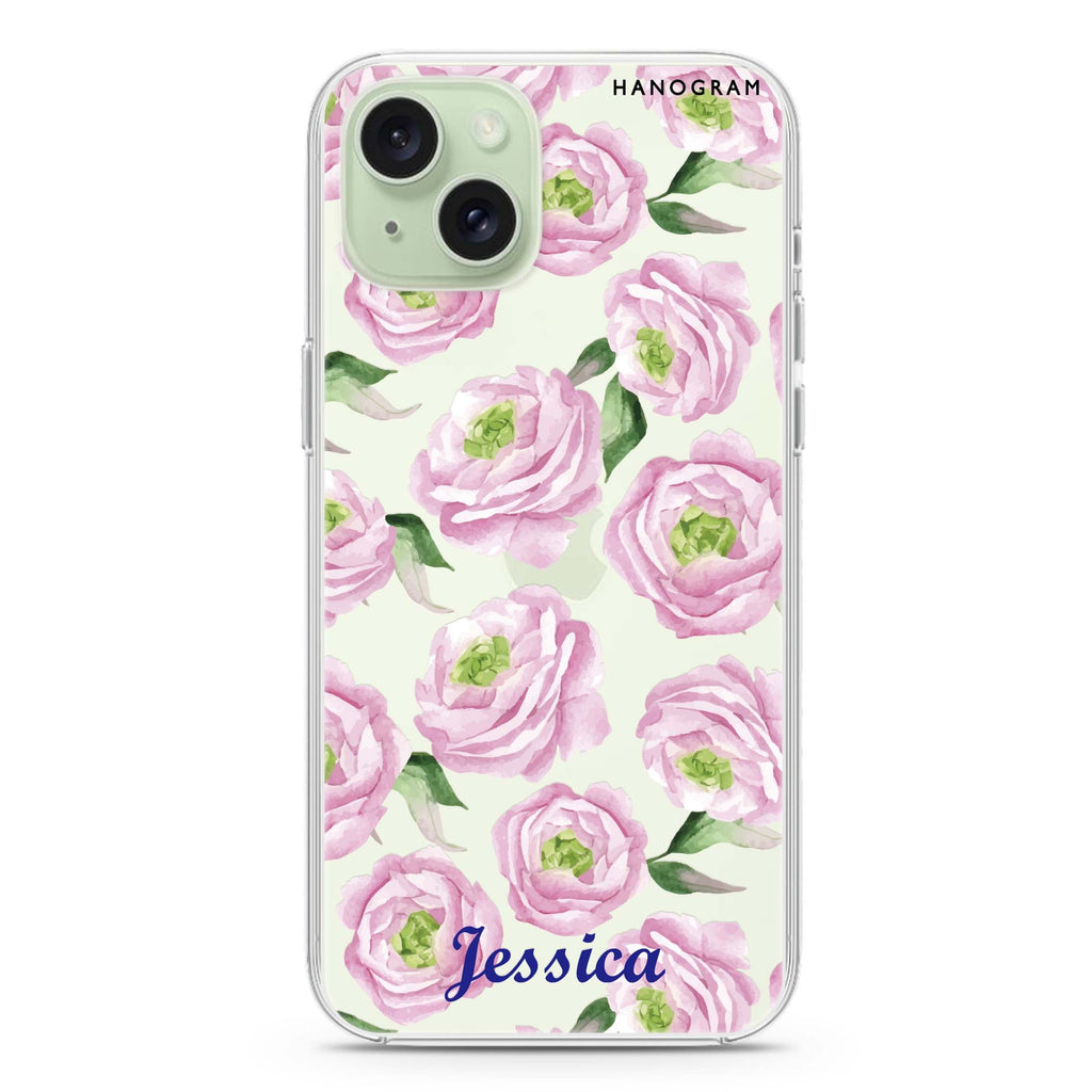 Watercolor pink floral iPhone 15 水晶透明保護殼