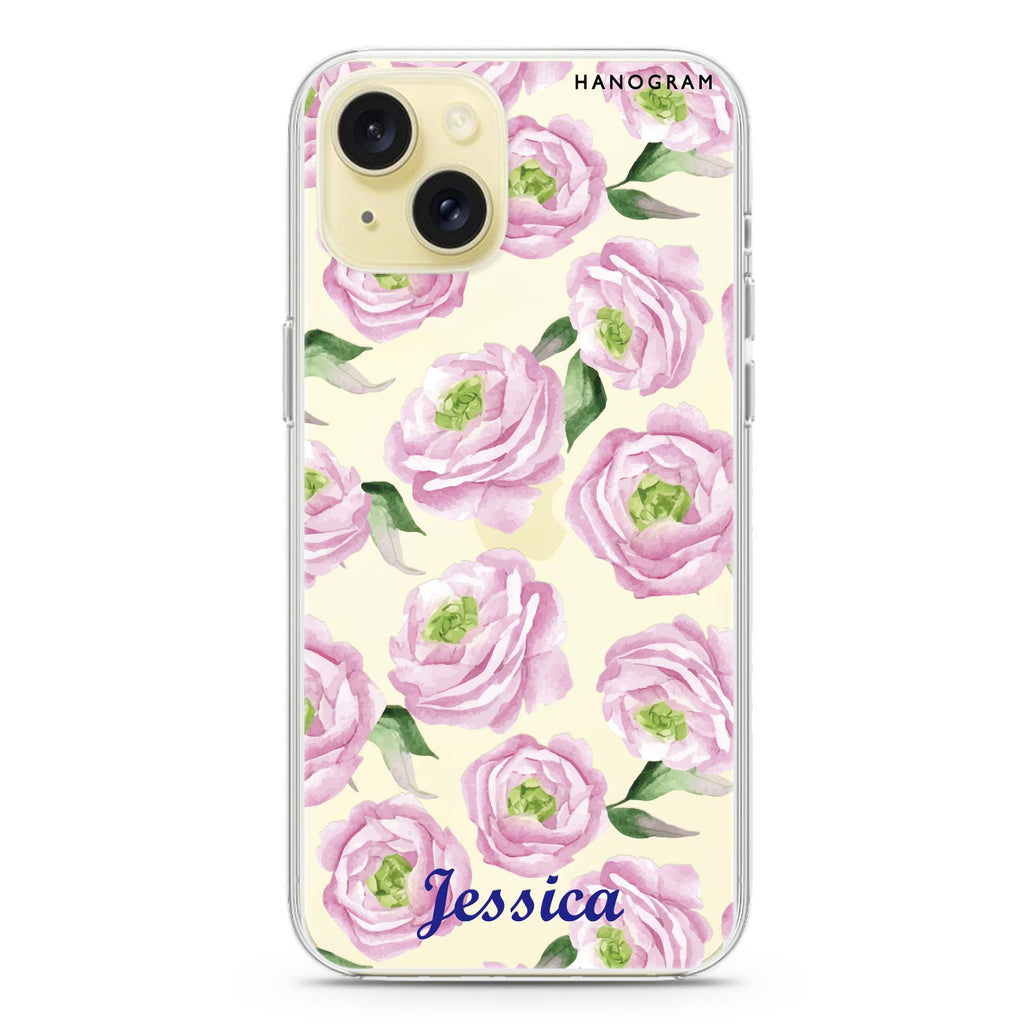 Watercolor pink floral iPhone 15 plus 水晶透明保護殼