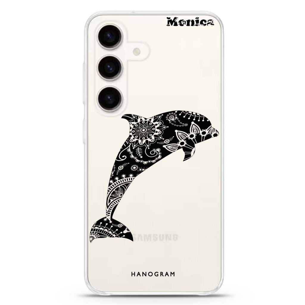 Mandala dolphin Samsung Galaxy S26/S25/S24 可加名字水晶透明保護殼正面展示