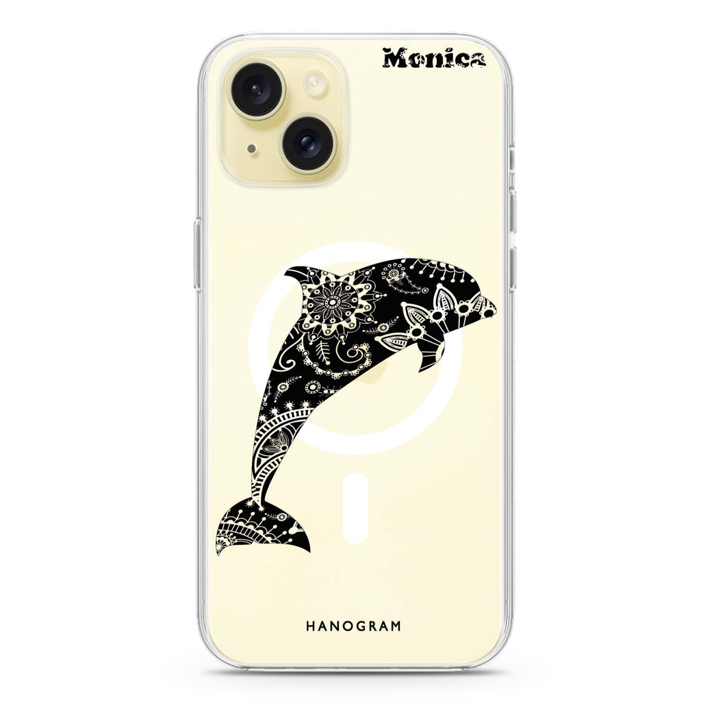 Mandala dolphin iPhone 15 Magsafe 兼容水晶透明保護殼