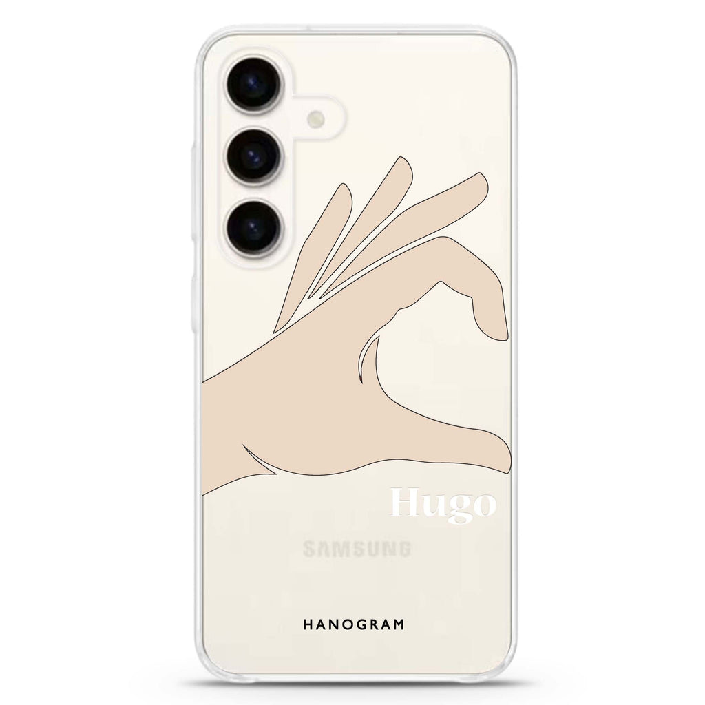Left Hand heart Samsung Galaxy S26/S25/S24 可加名字水晶透明保護殼正面展示