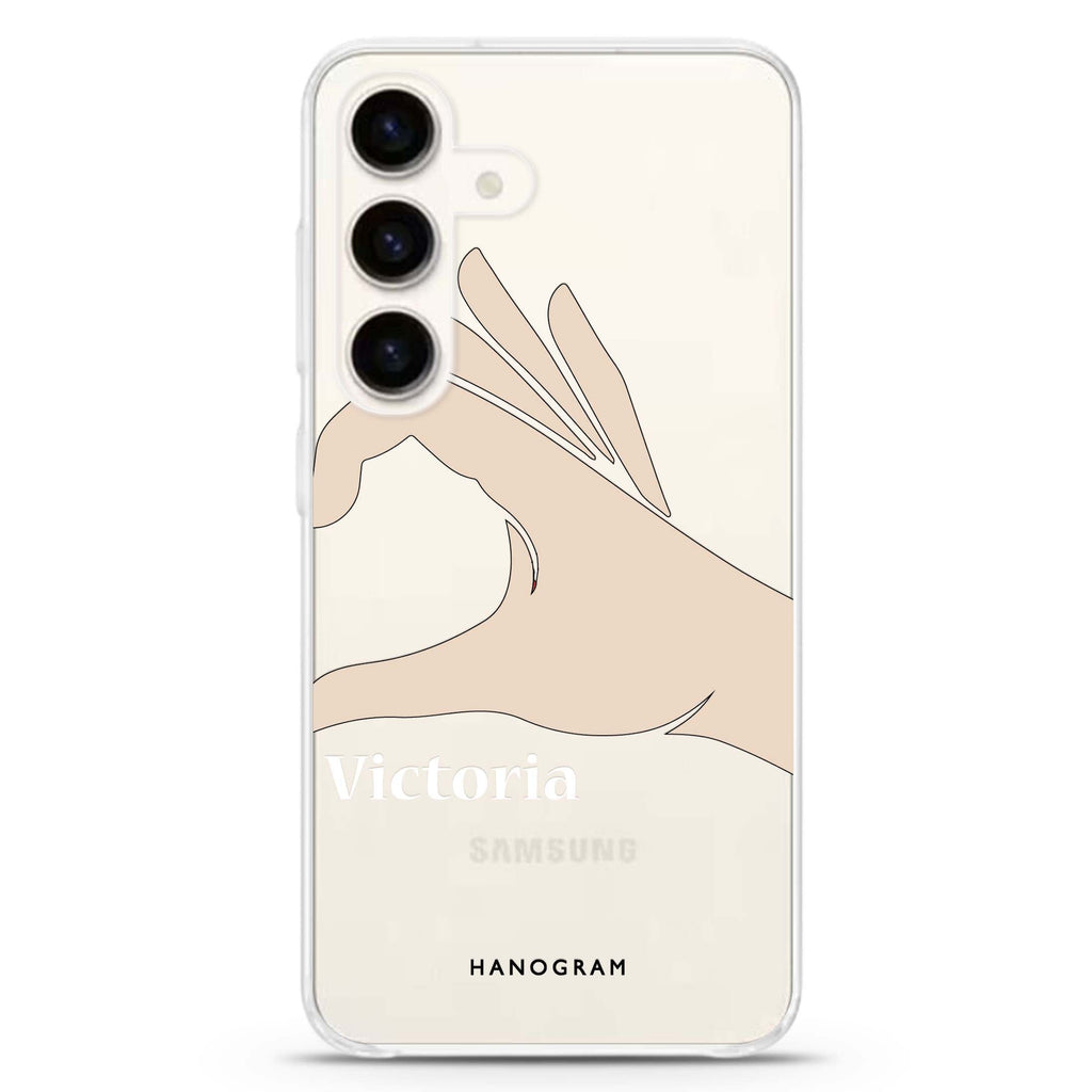 Right Hand heart Samsung Galaxy S26/S25/S24 可加名字水晶透明保護殼正面展示
