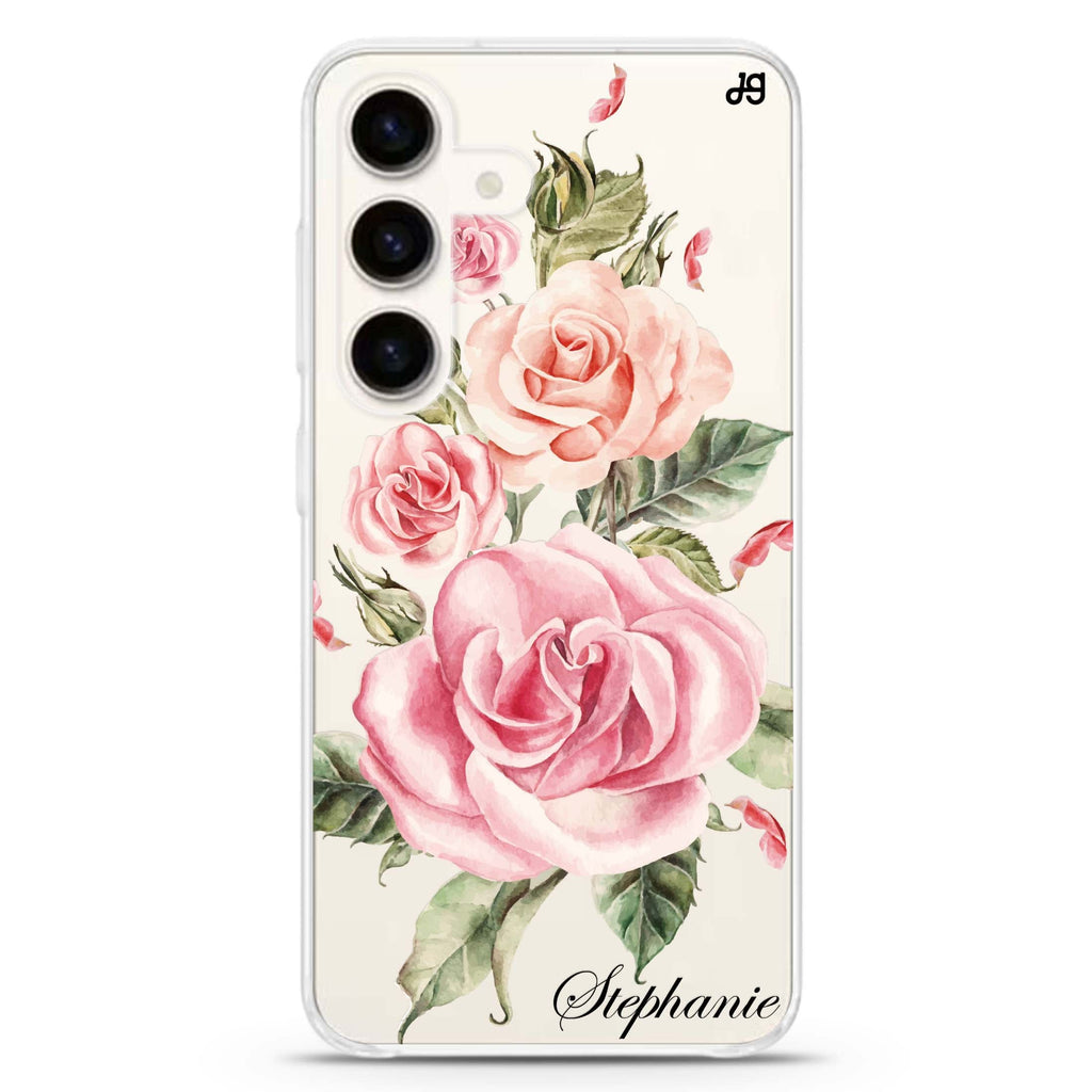 Pink Watercolor Floral Samsung Galaxy S26/S25/S24 可加名字水晶透明保護殼正面展示