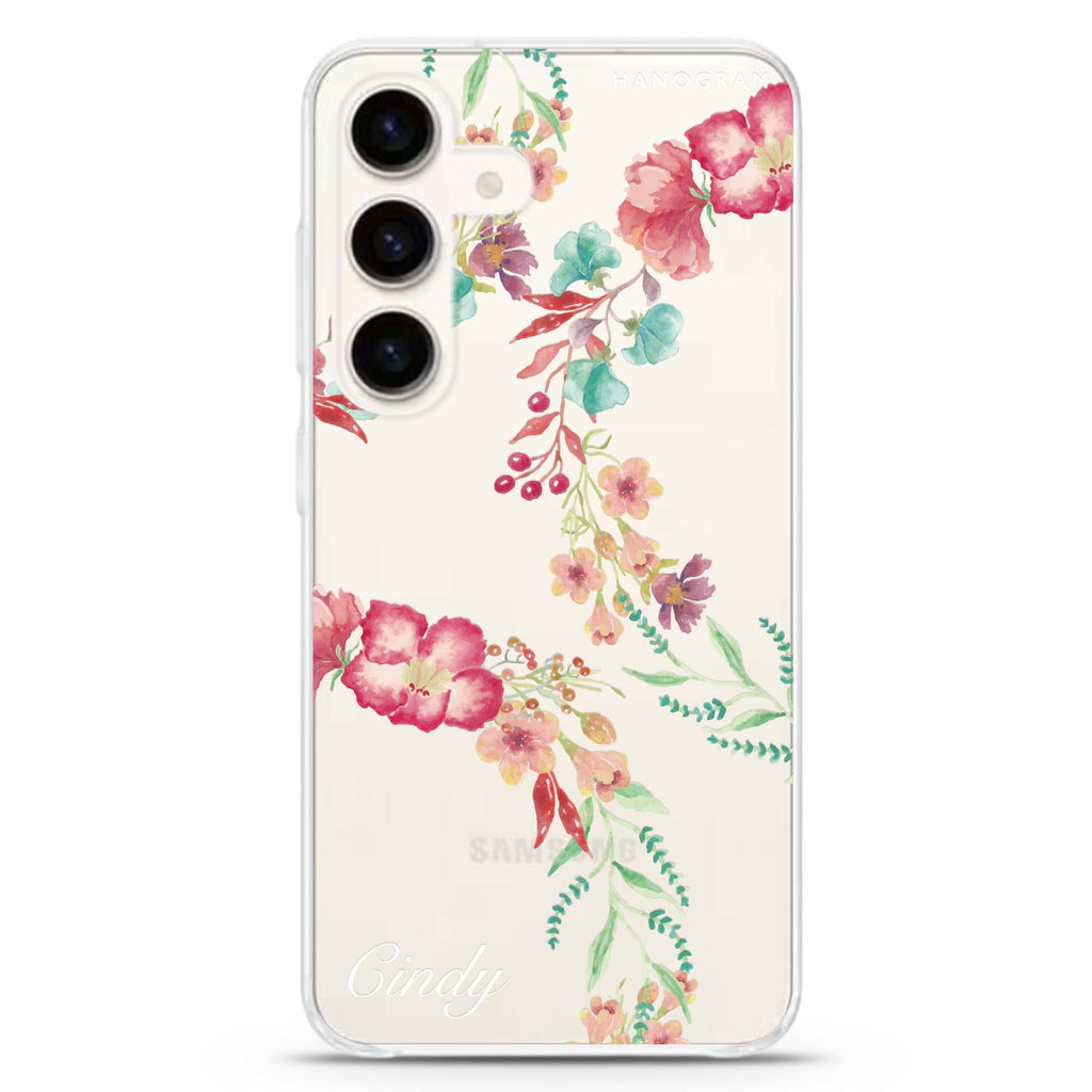 Spring Flowers Samsung Galaxy S26/S25/S24 可加名字水晶透明保護殼正面展示