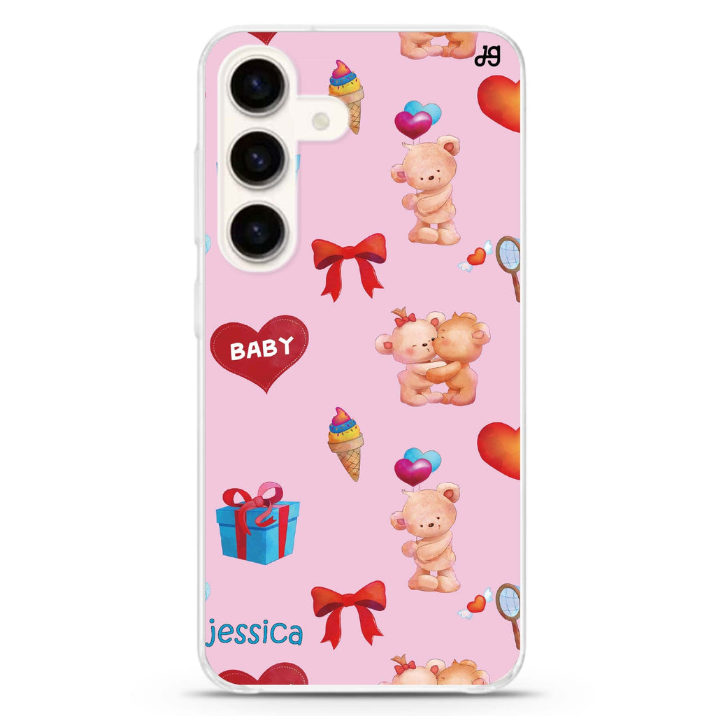 Cute Bear Present Samsung Galaxy S26/S25/S24 可加名字水晶透明保護殼正面展示
