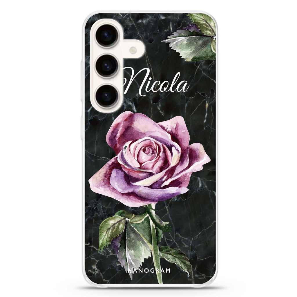Black Marble Rose Samsung Galaxy S26/S25/S24 可加名字水晶透明保護殼正面展示