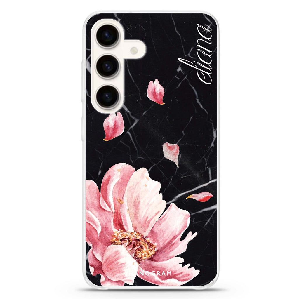 Black Marble & Floral Samsung Galaxy S26/S25/S24 可加名字水晶透明保護殼正面展示