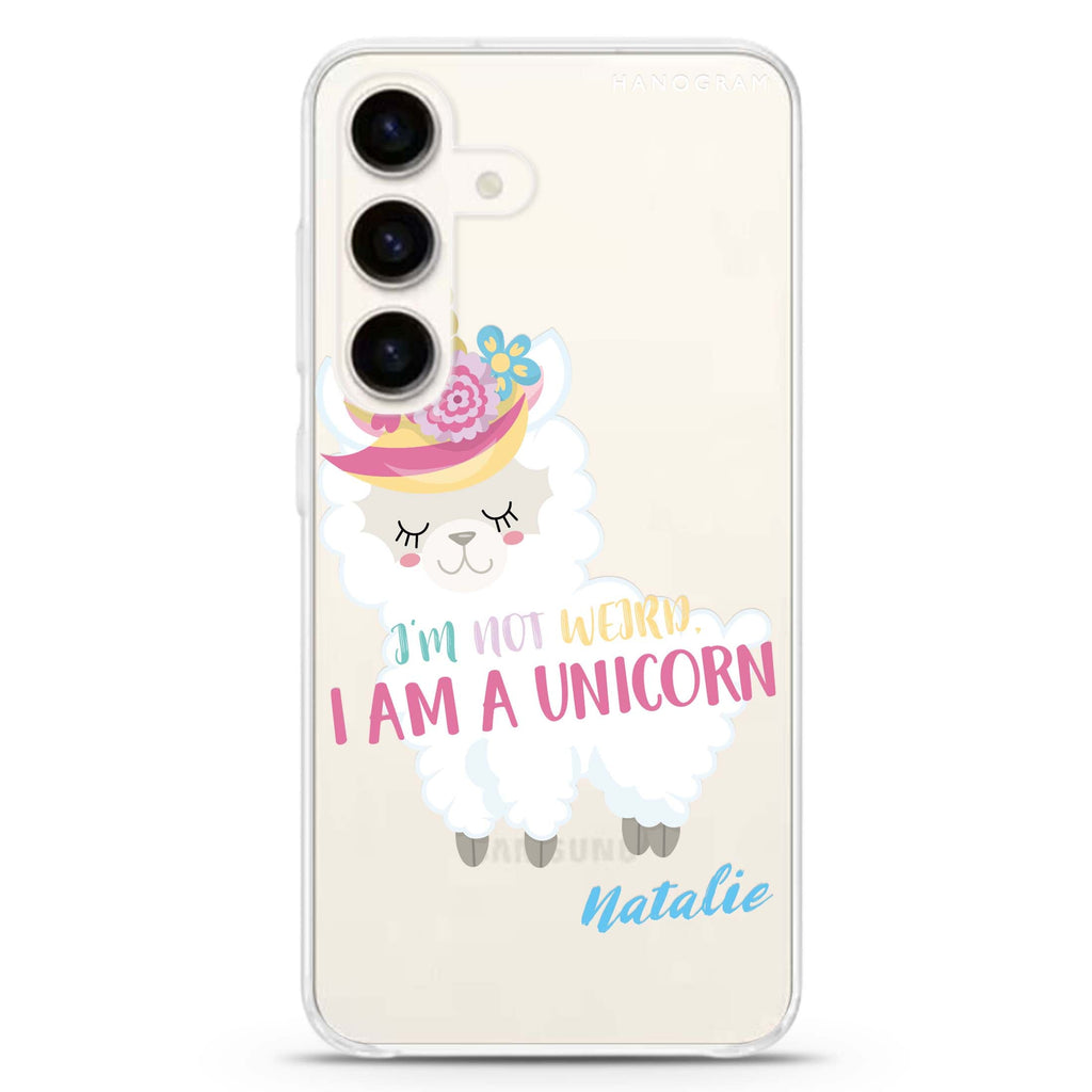 I am a llamacorn Samsung Galaxy S26/S25/S24 可加名字水晶透明保護殼正面展示