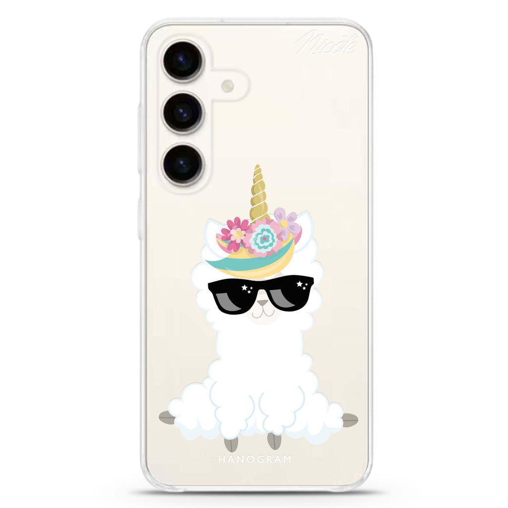 Sunglasses llamacorn Samsung Galaxy S26/S25/S24 可加名字水晶透明保護殼正面展示