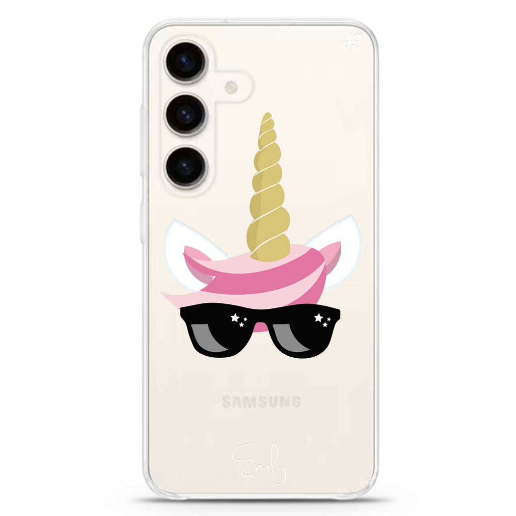 Cute Sunglasses unicorn Samsung Galaxy S26/S25/S24 可加名字水晶透明保護殼正面展示