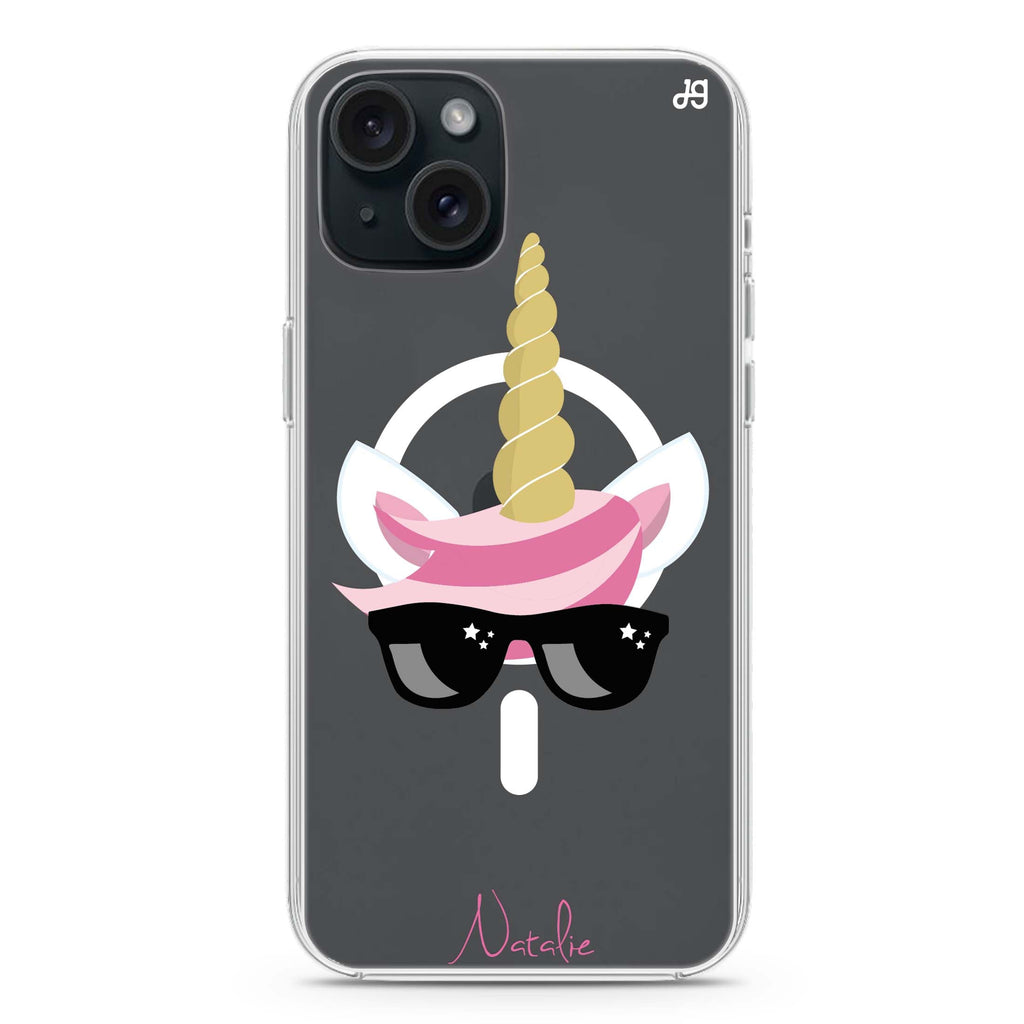 Cute Sunglasses unicorn iPhone 15 Plus Magsafe 兼容水晶透明保護殼