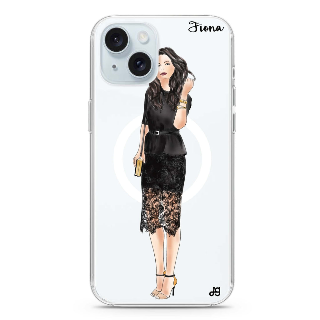 Black lace girl I iPhone 15 Magsafe 兼容水晶透明保護殼