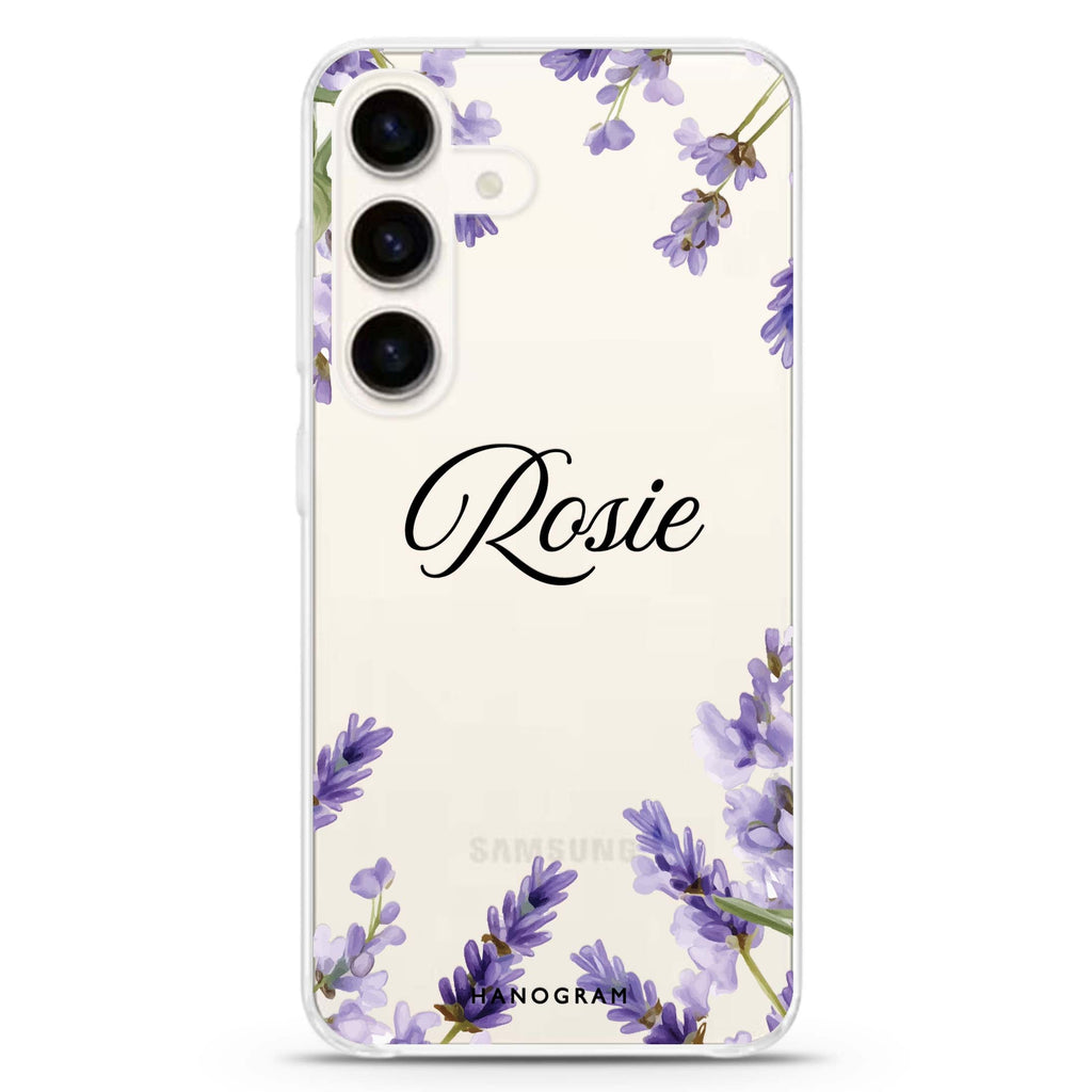 Lavender Corners Samsung Galaxy S26/S25/S24 可加名字水晶透明保護殼正面展示