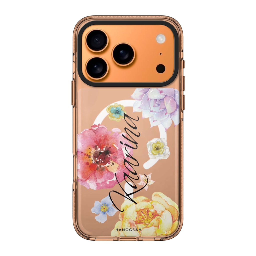 Colorful Watercolor Flowers iPhone 17 Pro Max MagSafe 水晶透明保護殼 花卉圖案設計 可自訂名字 圖1