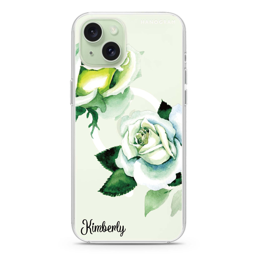 White Rose iPhone 15 Magsafe 兼容水晶透明保護殼
