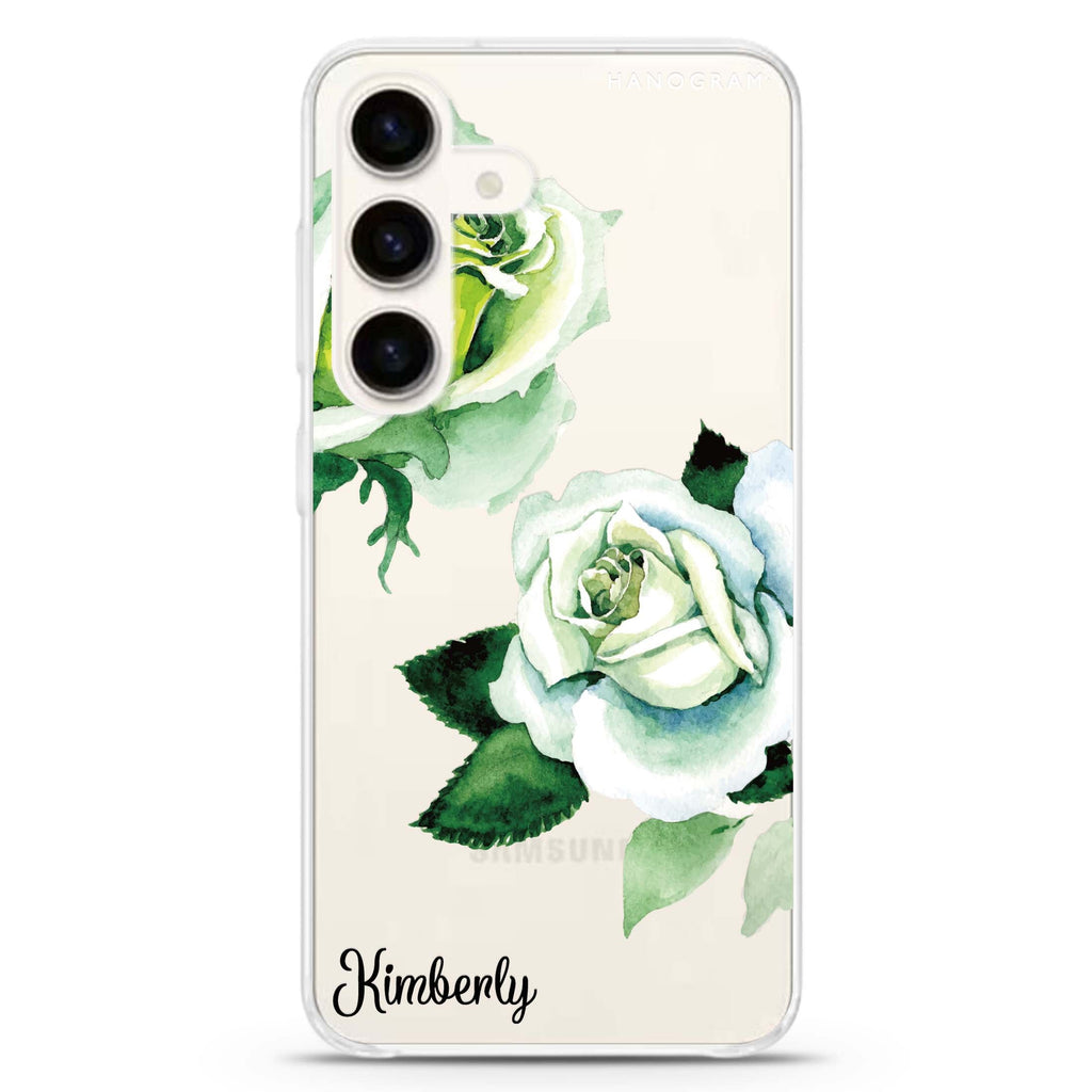 White Rose Samsung Galaxy S26/S25/S24 可加名字水晶透明保護殼正面展示